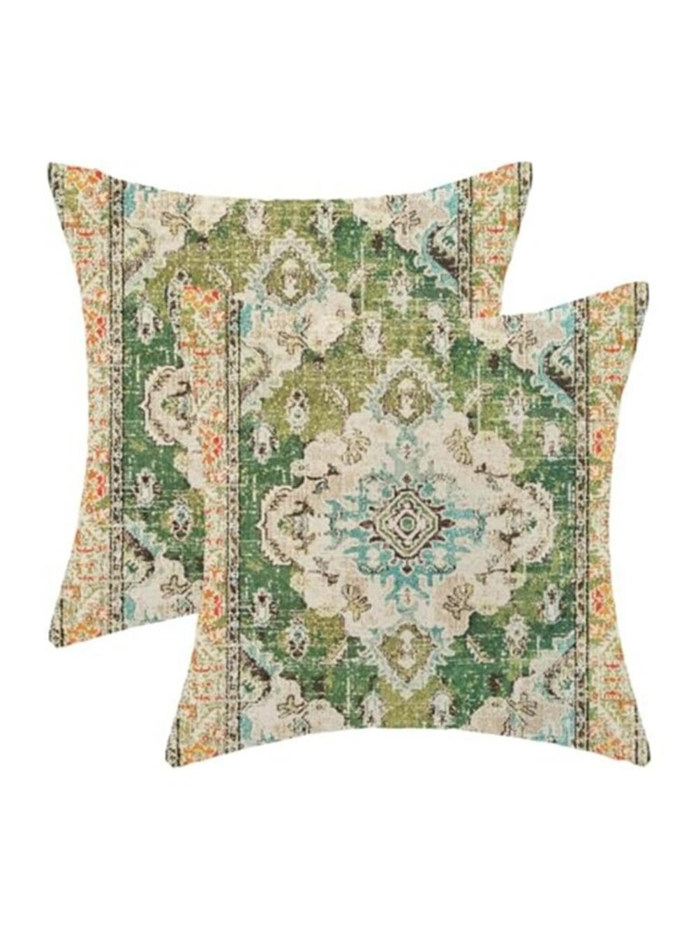 Green Boho Pillow Covers 16x16 Set of 2, Carpet Rug Design Decorative Boho